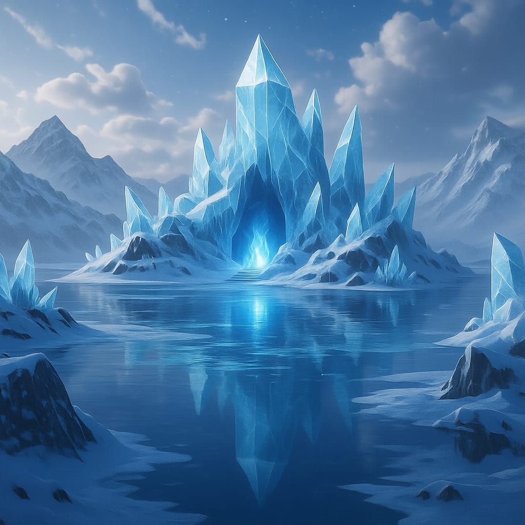 2.5D 奇幻遊戲風格畫面 

區域名稱：映霜熾島  
英文：Ignisfrost Mirrorhaven  
介紹：冰霜與熾焰在島上交織，鏡晶地貌能反射元素能量，形成變幻莫測的光之幻境。