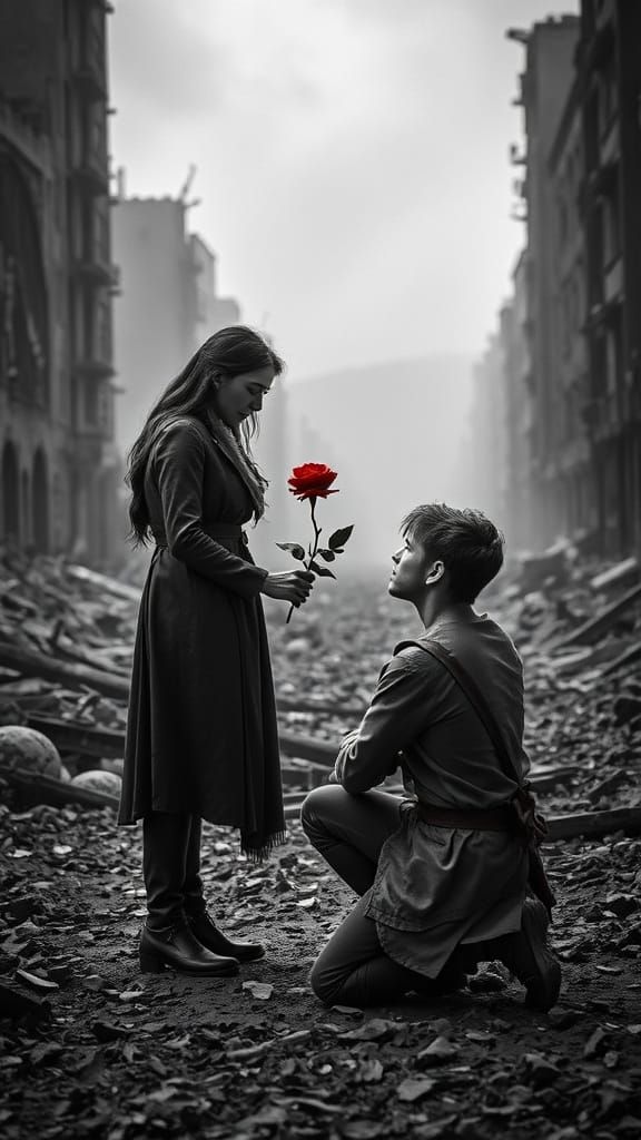 "A hyper-realistic and emotionally powerful scene of a young man kneeling in front of a woman amidst ...  by @Pedro M