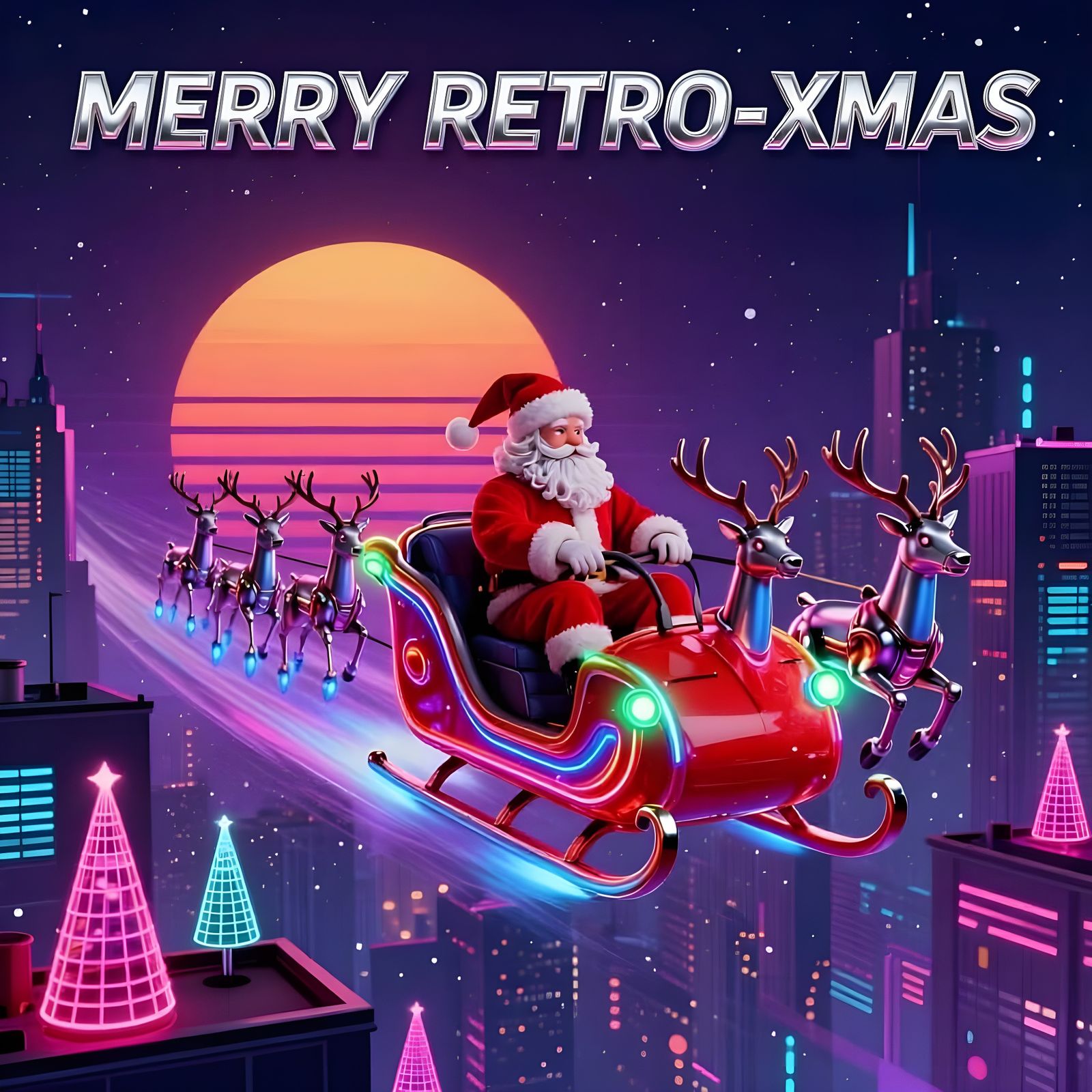 Reto-futuristic holiday scene in 80s synthwave style