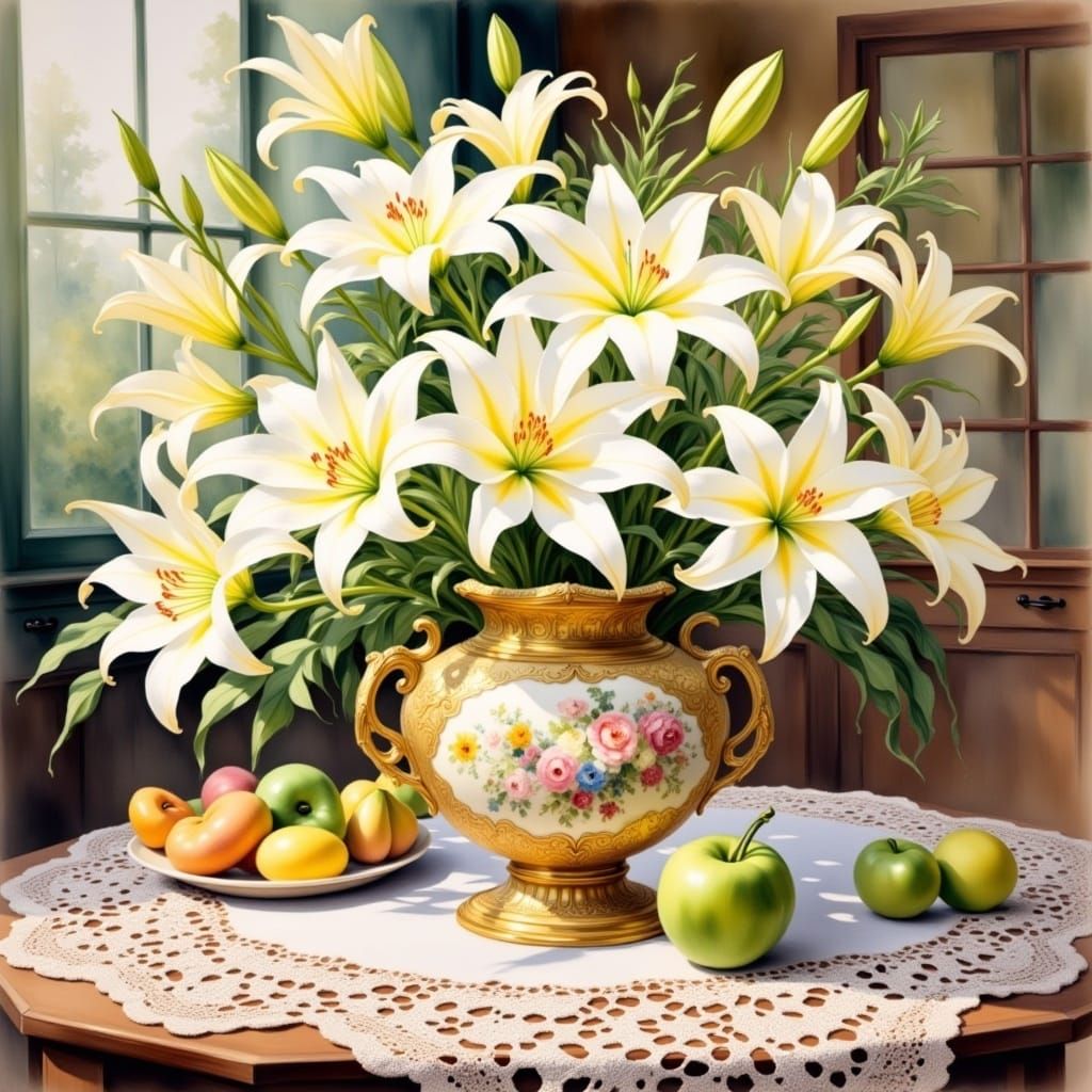 <lora:Impressionnism:1.0> large bouquet of lilies in a majestic ceramic vase