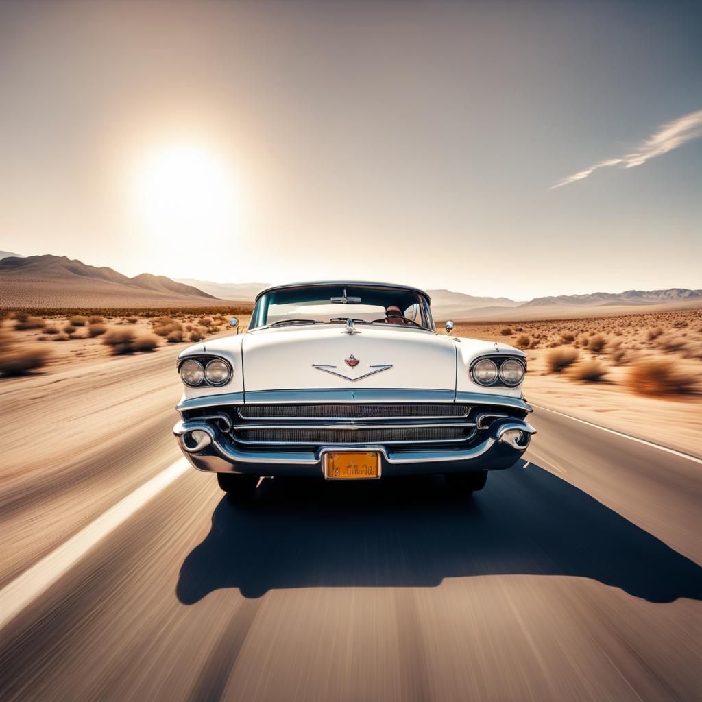 man drives a white classic car driving along a highway in the Nevada desert, sunset, motion, front view 1