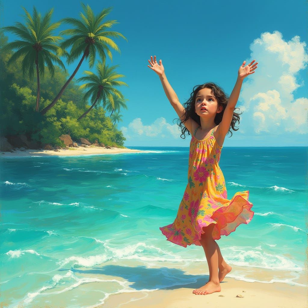 Desperate Girl on Secluded Island Shore Waits for Rescue