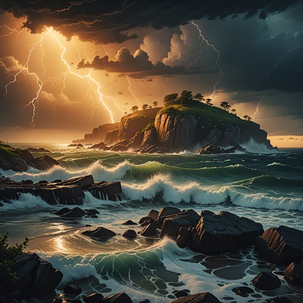 Seascape with lightning #2  by @Corn Clay
