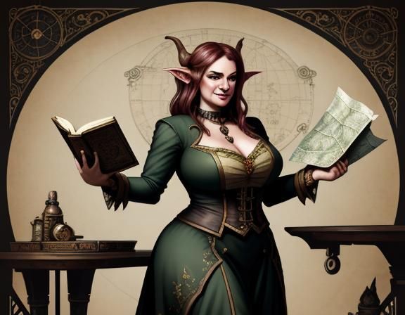 A fantasy illustration of a	Feminine	plus-sized	goblin	Bard	 wearing conservative clothing,	 near a	Table ...  by @Lots-of-games-to-play