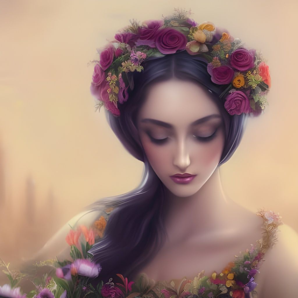 Pretty Arabic lady with floral attire and floral crown