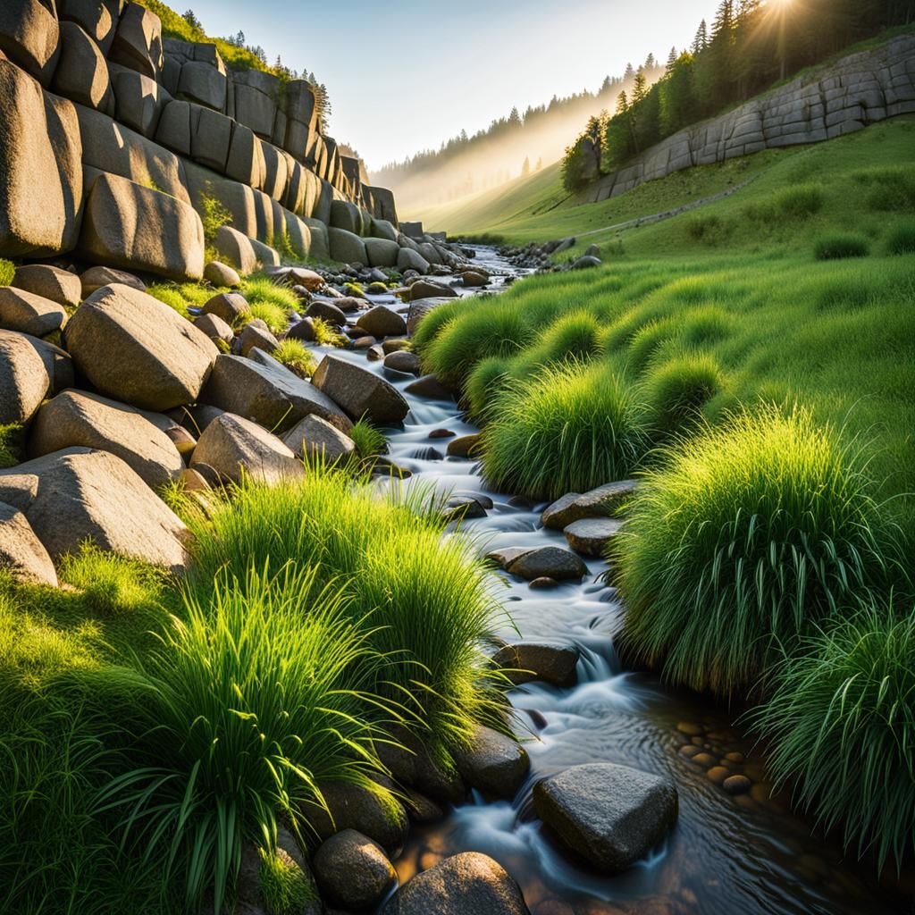 wide grassy stream bed next to tall retaining wall made of boulders