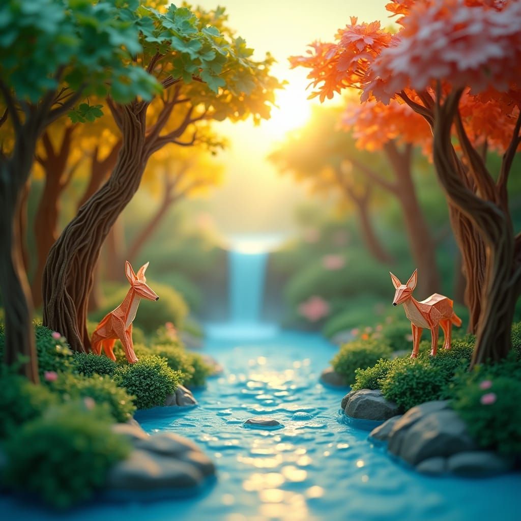 Magical Origami Forest at Sunrise in Papercraft Style