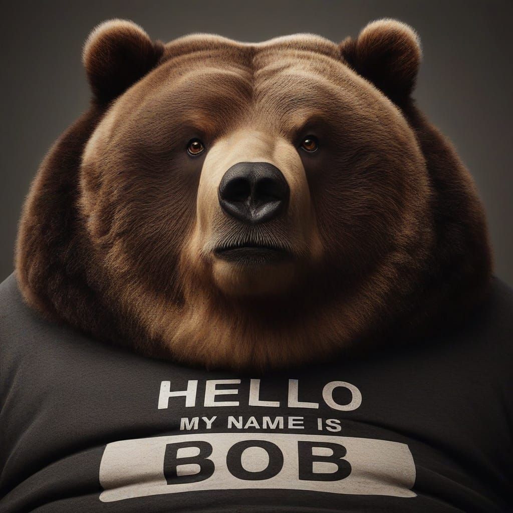 close-up portrait: obese Kodiak Bear; wearing a T-shirt that says: "HELLO MY NAME IS BOB"|; The Bear exudes sarcastic sophistication; his in...
