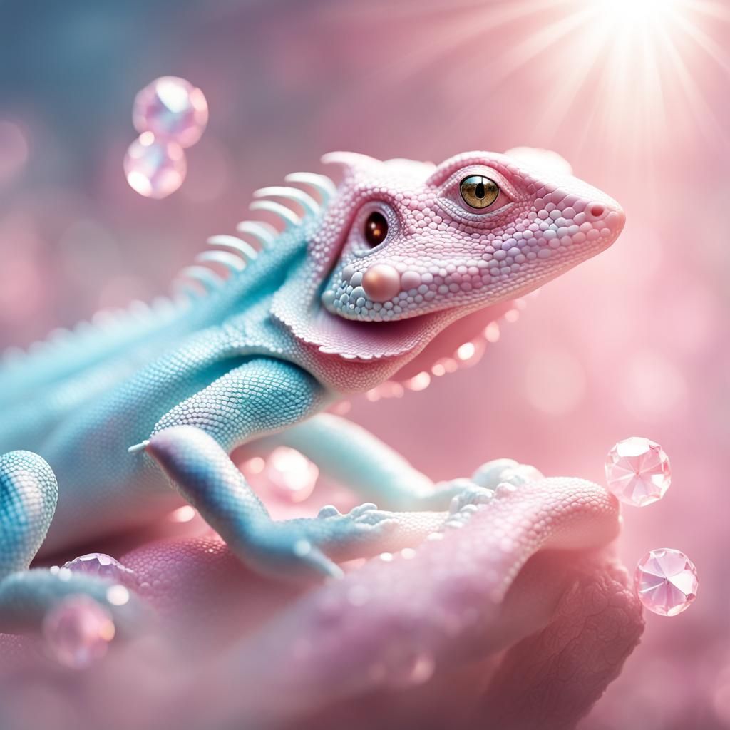 "Pastel pink and pastel blue lizard made of gems"