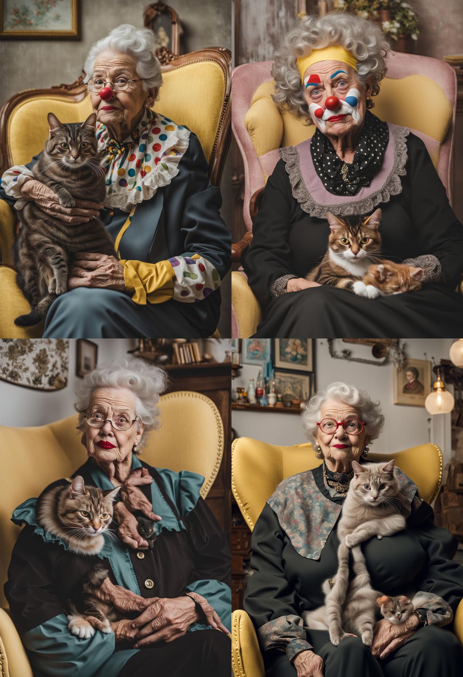 Front Facing Grandmother Clown Sitting On A Yellow Armchair With A Cat