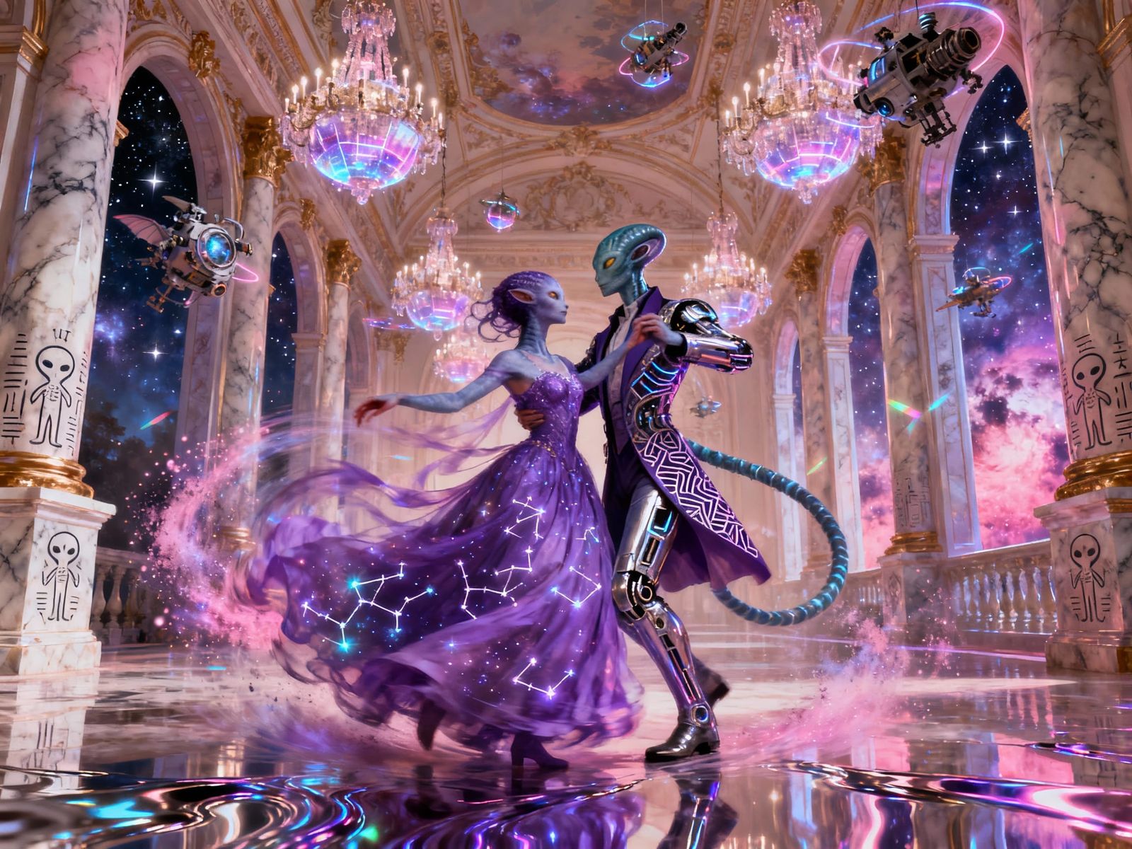 Whimsical Sci-Fi Couple Dancing in Purple Baroque Hall