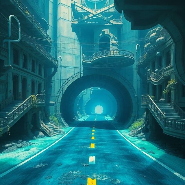 AN UNDERWATER ROAD PASSING THROUGH A CAMERA LENS.