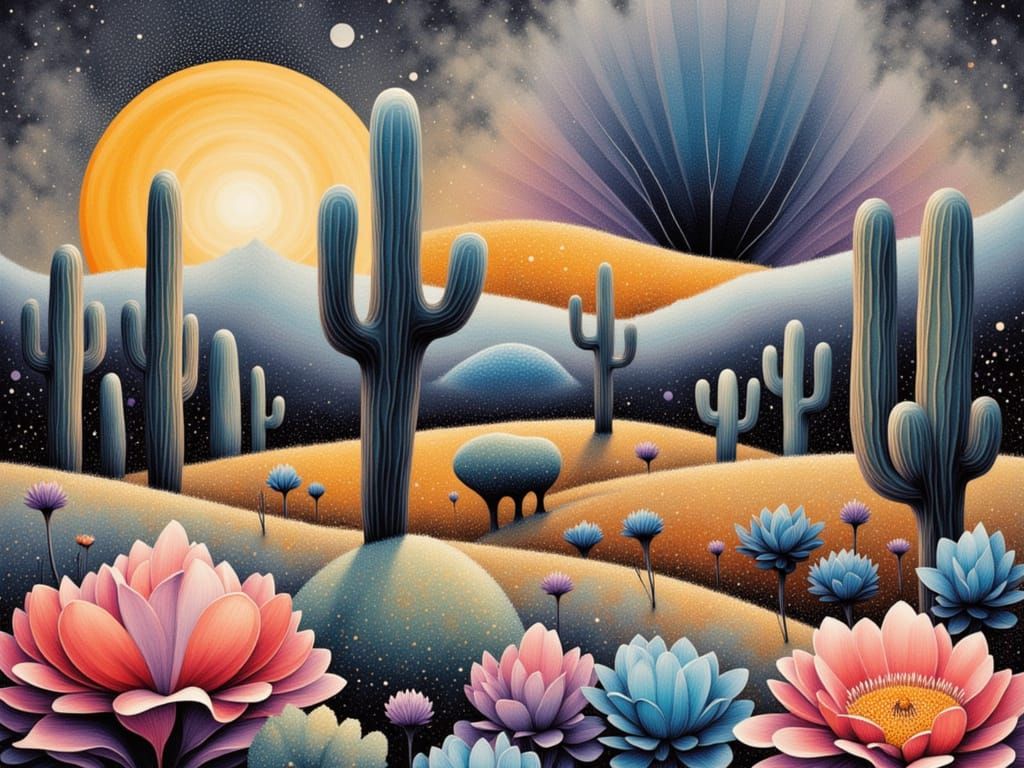 {<lora:SAS FROSTY FROZEN:1.0> DESERT, CACTUS,
KLIMT-PATTERN-SKY, DALI-PATTERN-BOTTOM, dark-greyblue, dark-yellow, FROSTY-FROZEN-TEXTURE:1.5}...