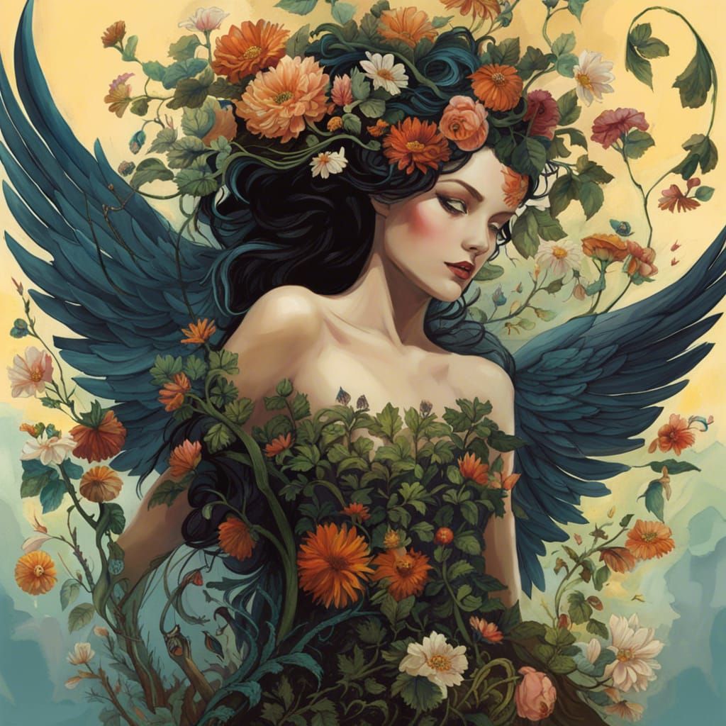 Angel covered in flowers - AI Generated Artwork - NightCafe Creator