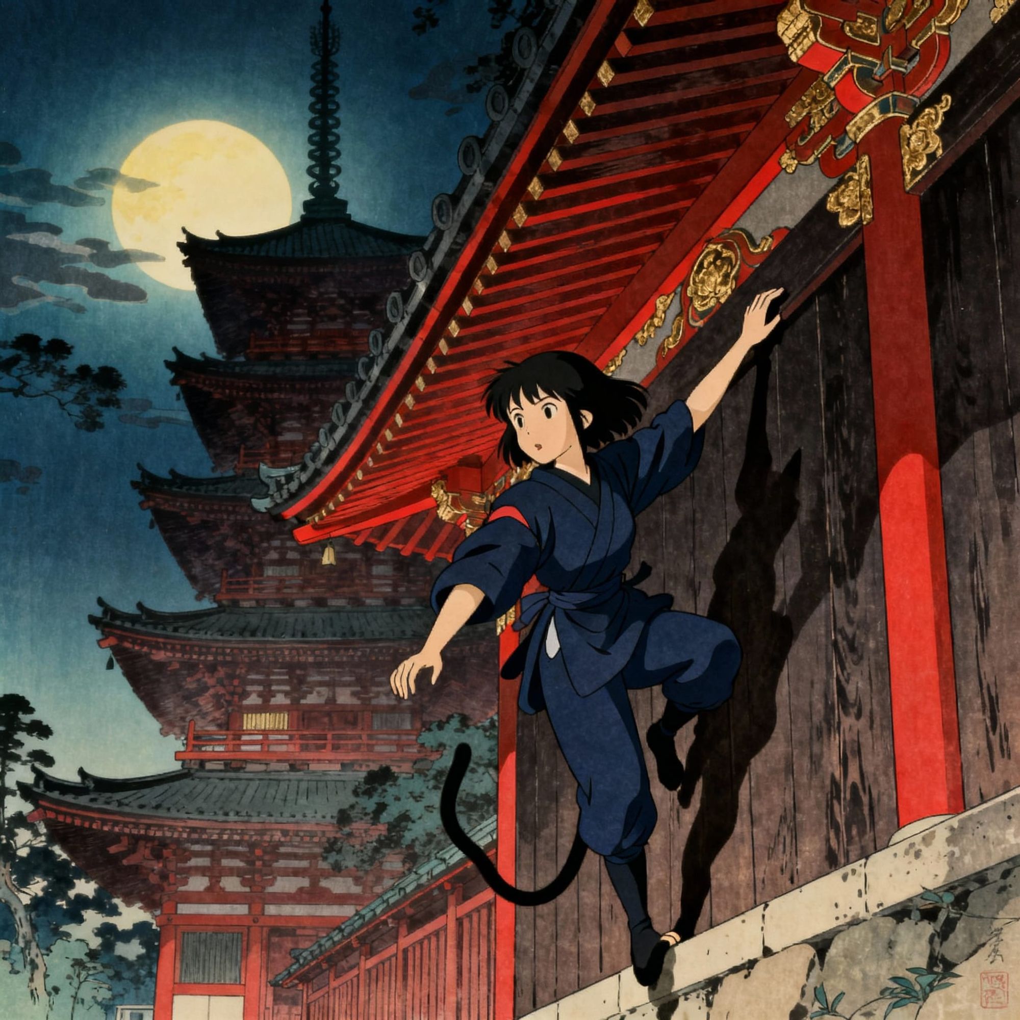 A female shinobi scaling the side of an ancient Kyoto temple with catlike grace. Ukiyo-e Studio Ghibli 