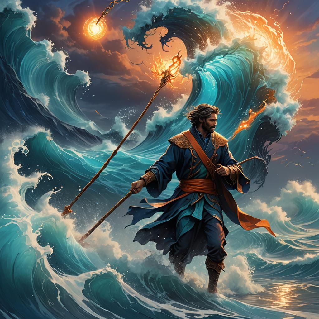 Man Splits Sea with Staff in Vibrant Digital Art