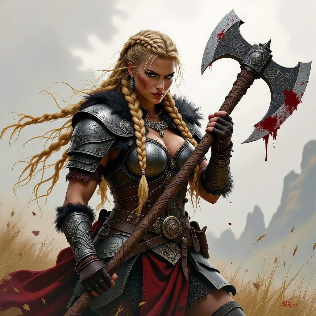 A fierce Viking warrior maiden, full body, clad in ornate, weathered armor. Her long, braided hair whips in the gale as she grips a massive ...
