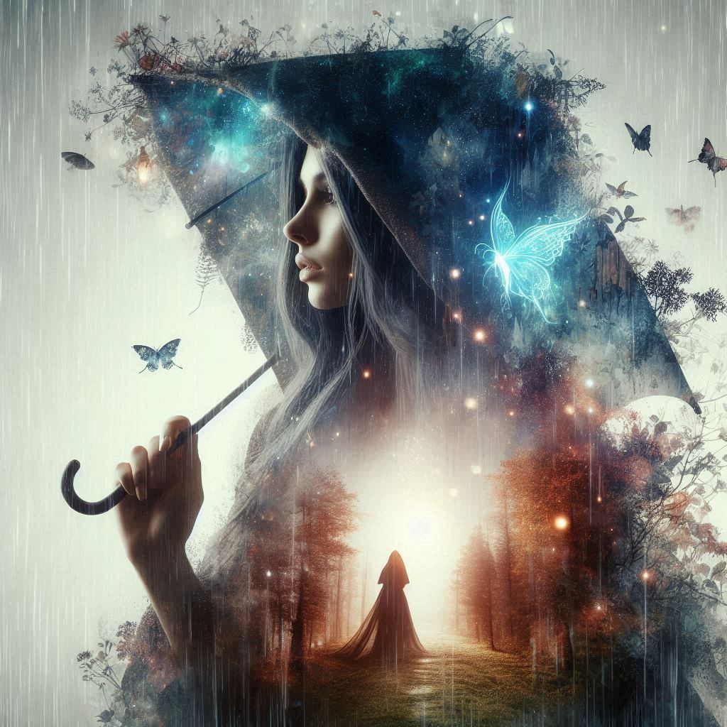 double exposure beautiful fantasy DALL-E 3 portrait landscape..