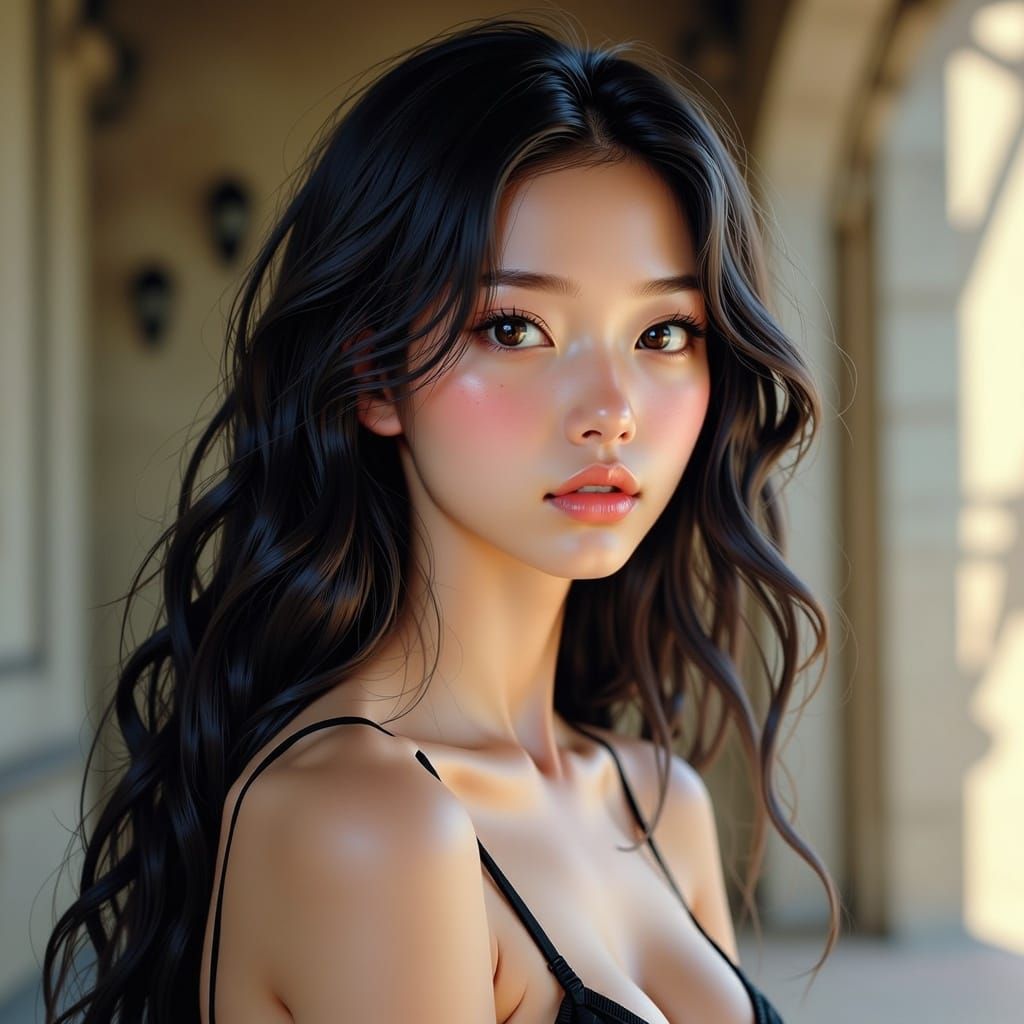 Fashion Model in Lingerie on Balcony, City View