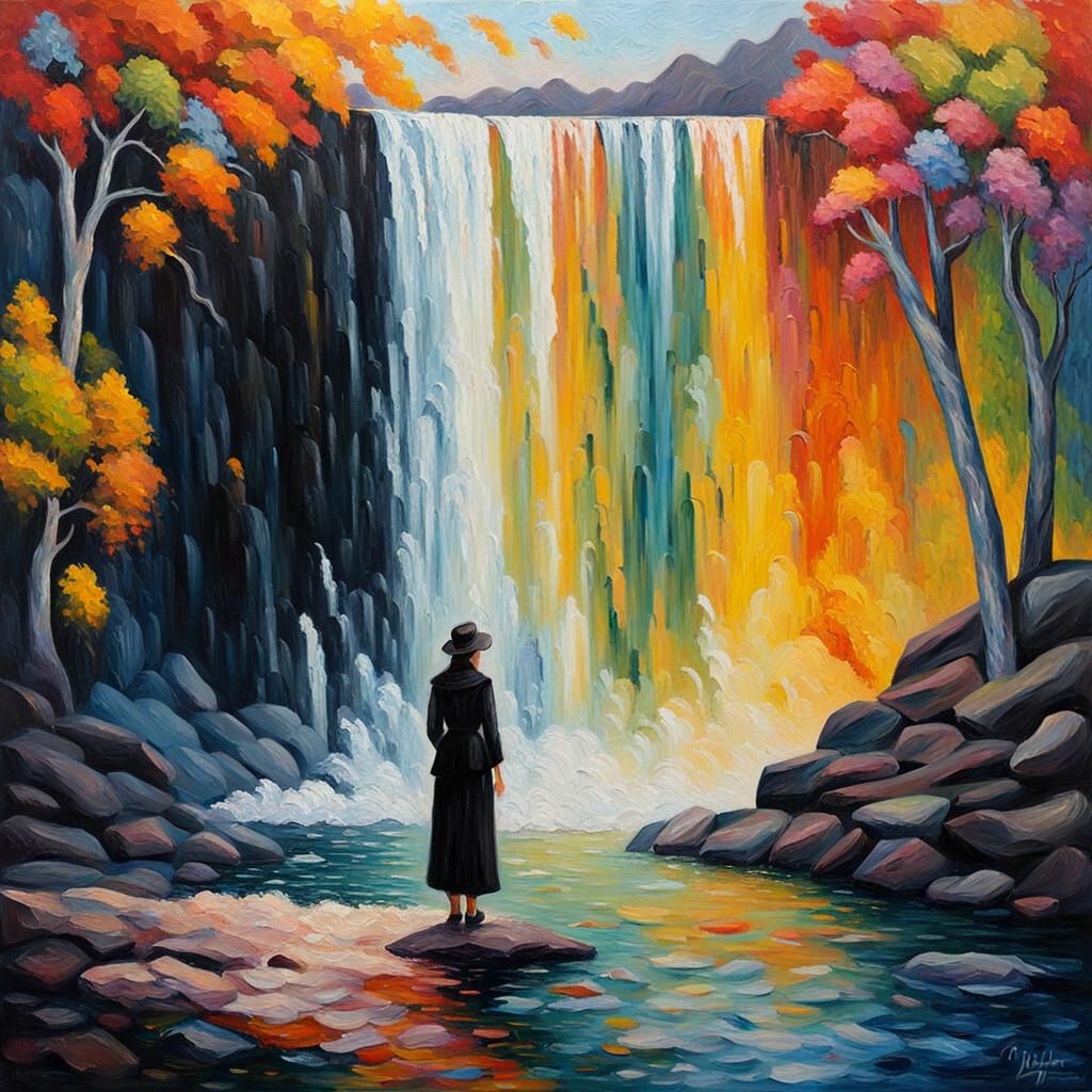 Woman at Colorful Waterfall, Neo-Impressionist Oil Painting