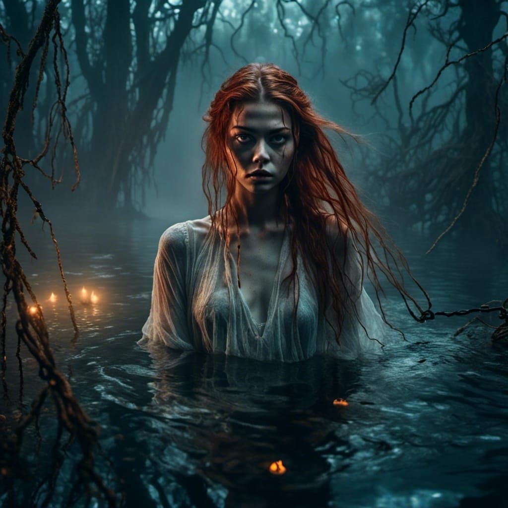Ghostly Nymph in Swamp at Night