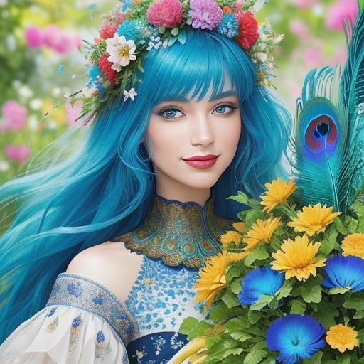 Beautiful woman with blue hair, crown made out of orange flo...