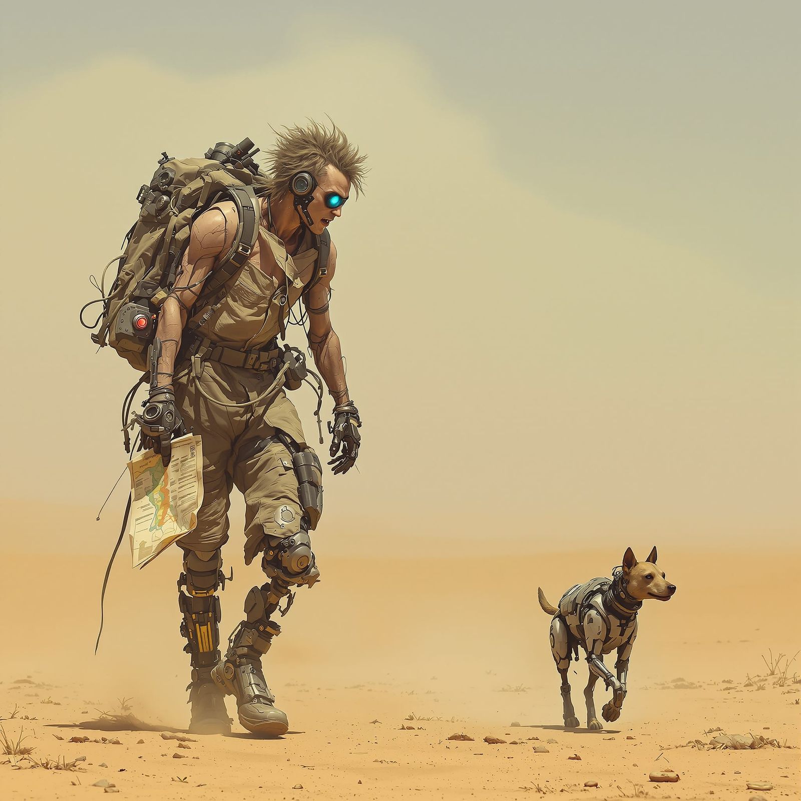 Cyberpunk Backpacker in Desert Wasteland with Cybernetic Dog