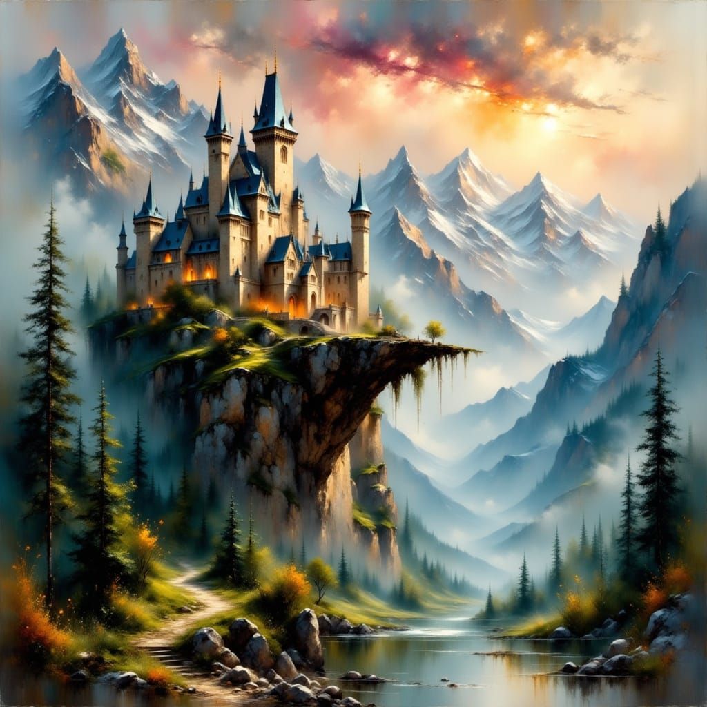 Fantasy Castle on Rocky Cliff at Sunset