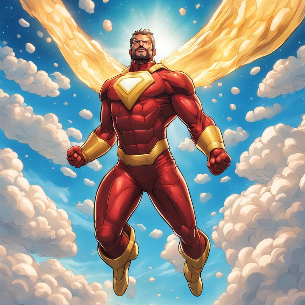 Omni man from invincible Realistic, floating in sky as a godly figure ...