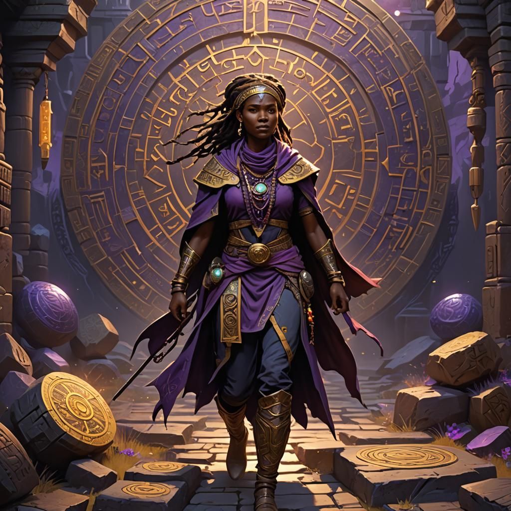 African Female werepather walking through Ancient Runes a ma...