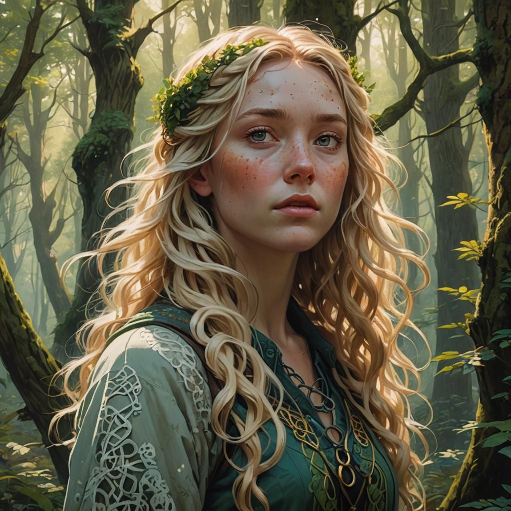 a pretty blonde girl with wavy hair and freckles with less h...