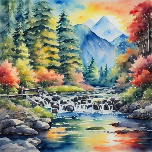 Surreal Watercolor Sunrise River Scene