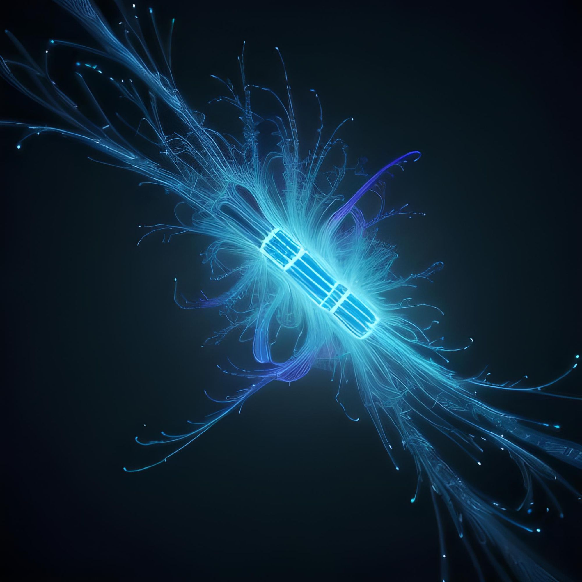 A digital illustration of a squid portrayed with a network of glowing blue lines outlining its anatomy. The image is set against a dark back...