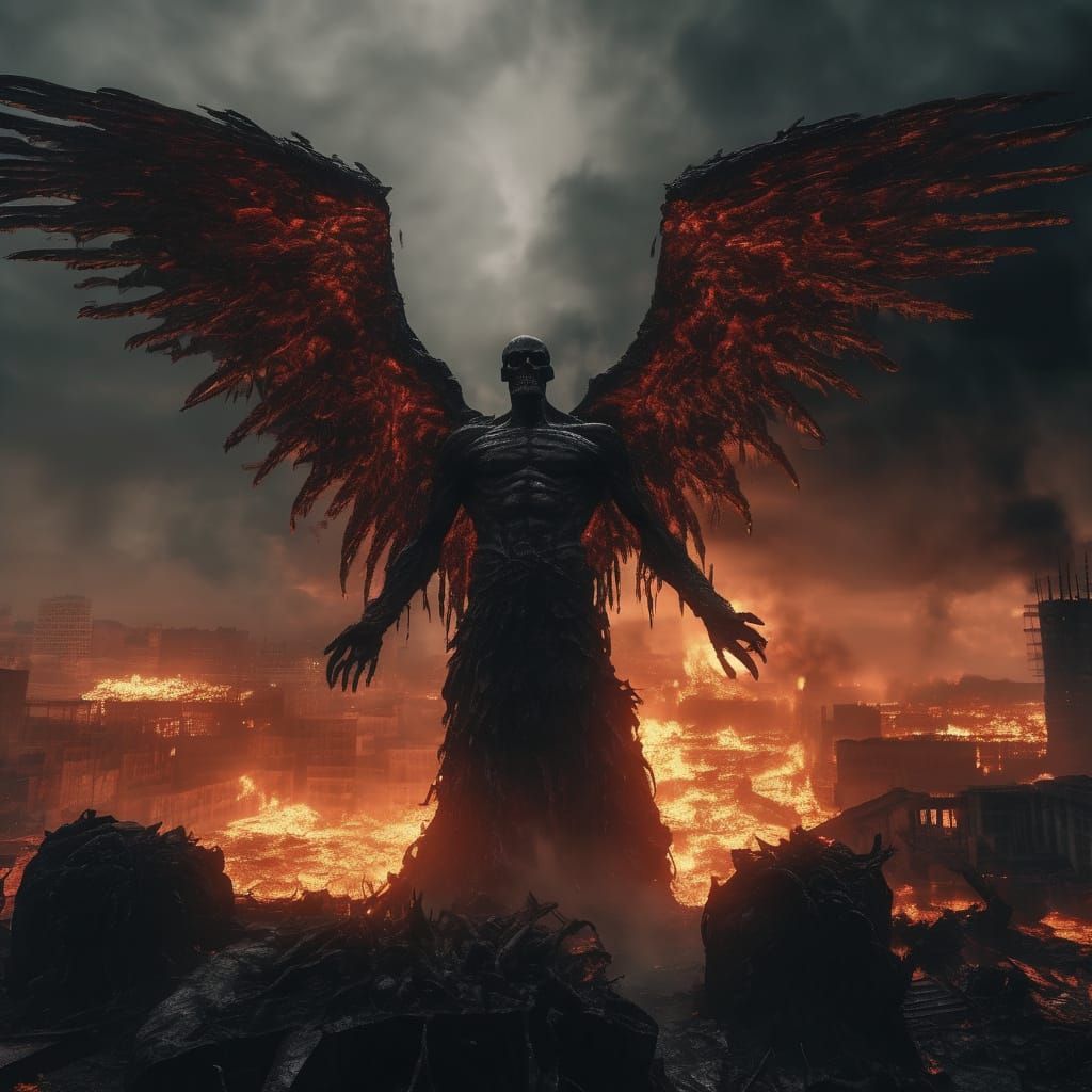 hyper-detailed dark fantasy horror illustration, towering demonic archangel of apocalypse, skeletal-muscular hybrid body with exposed crimso...