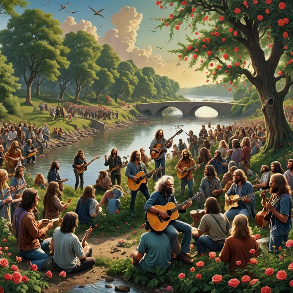 Hyper realistic gathering of loving long hair hippies at the rising tide  river bank surrounded by roses and cannabis and a thirteen point l...