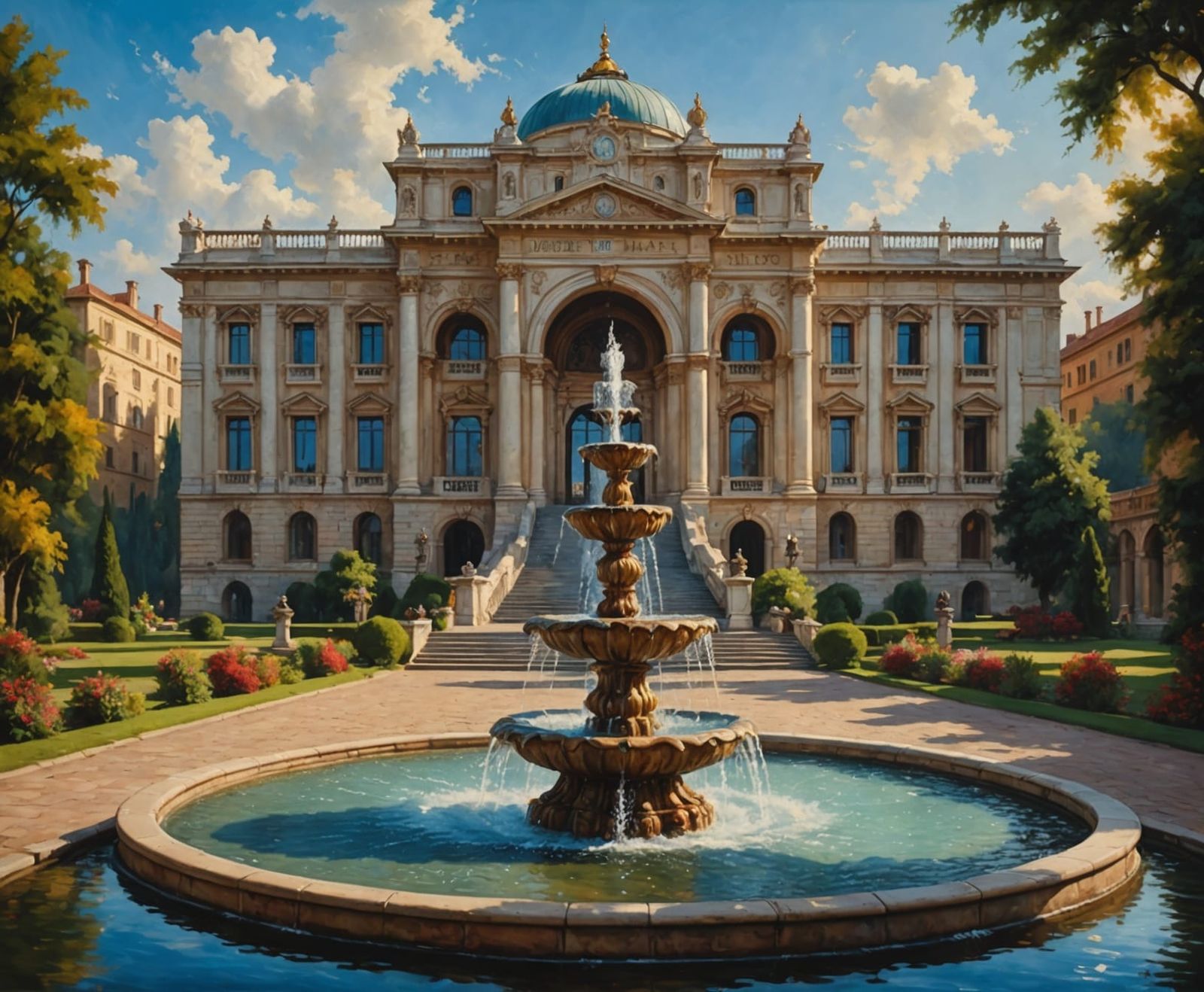 A (oil painting:1.3) of a beautiful (water fountain:1.3)placed infront of a beautiful (palace:1.3) on ...  by @Rhyder