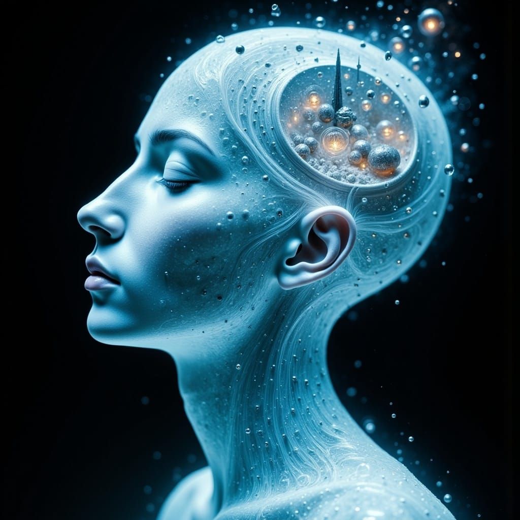 <lora:Abstract Reality:1.0> A serene, frontal image of a transparent human face meditating in the vastness of space, surrounded by a halo of...