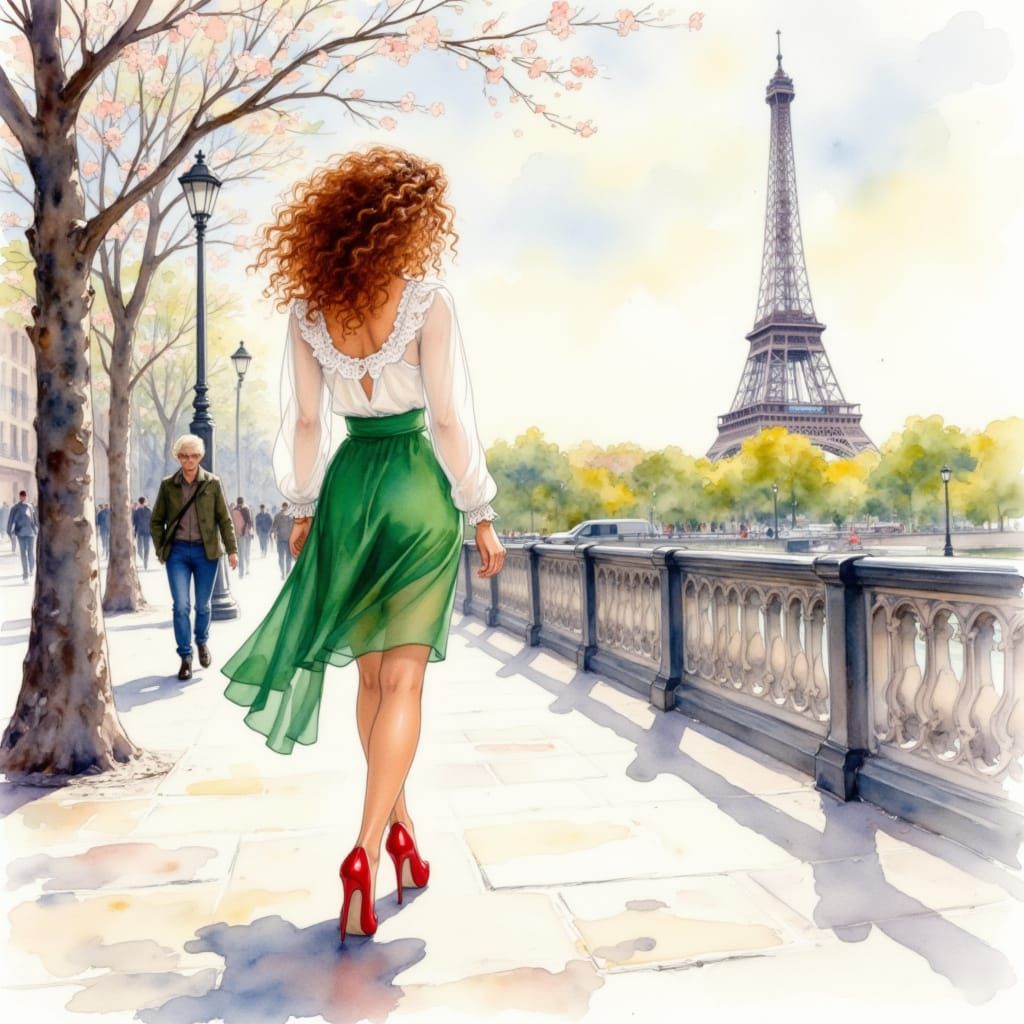 <lora:FluxDevFlux2:1.0> stunning  woman, brown curly hair, wearing a short, tight, green skirt and a white blouse with ruffles and lace, red...