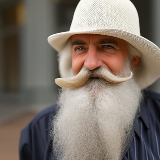 a man with a huge long moustache, long beard wearing a hat, ...