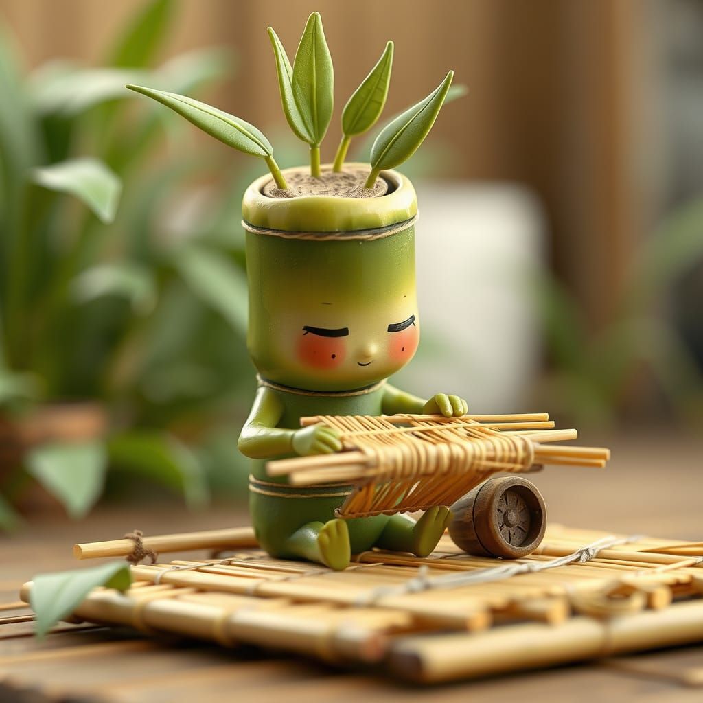 Cute bamboo stalk weaving a bamboo mat, by jmcdonalds, in the style of detailed character design, low ...  by @Mr Mrs Meadows