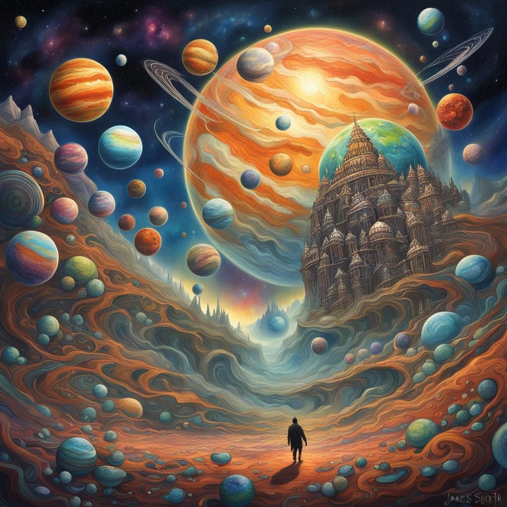 striding between whimsical planets