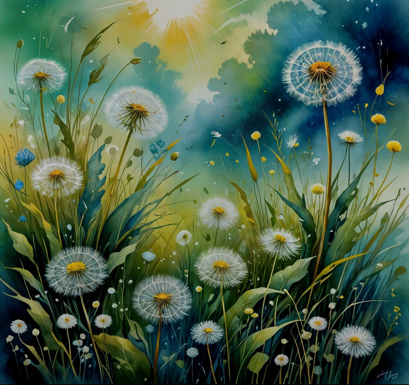 Fantasy fine illustration, the main colors are blue, green and gold, pastel colors, (white dandelions:3) ...  by @g r r c