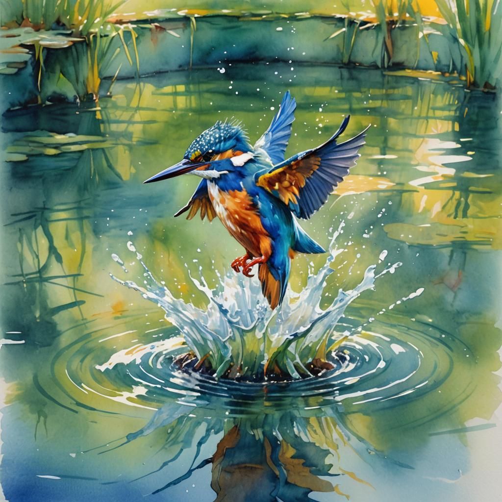 watercolor painting of a kingfisher.  by @Terra
