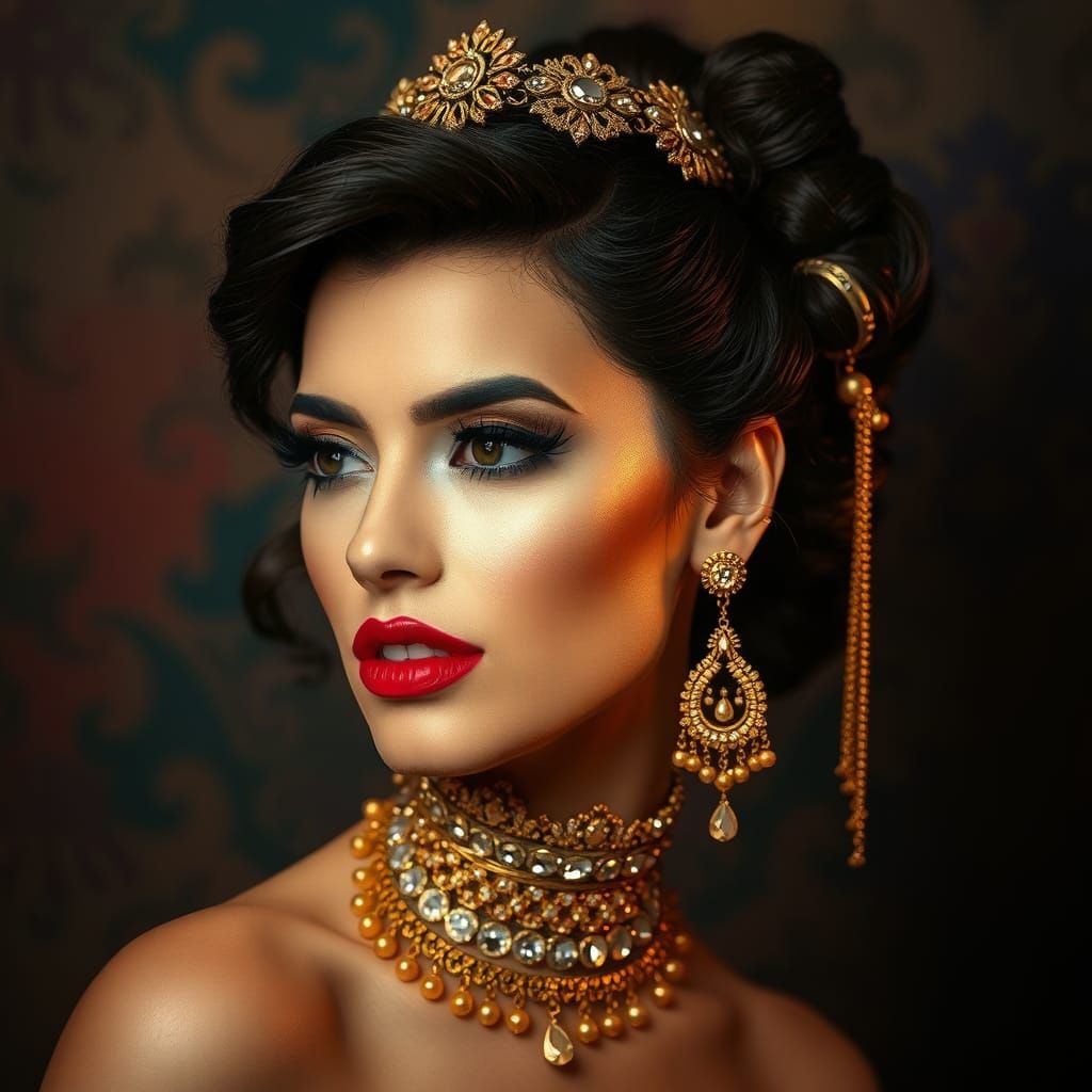 Beautiful woman with hair set up with gold jewelry