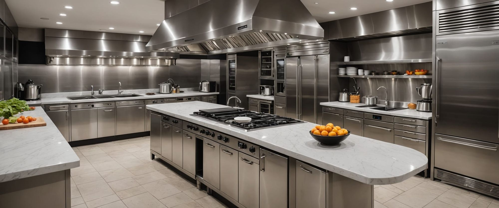 an elite executive large kitchen high end in a very upscale up market hotel kitchen, best modern expensive equipment, steel work surfaces, e...