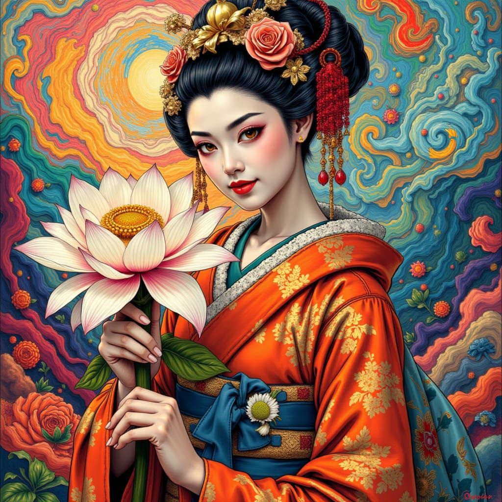 <lora:FracturedRenaissance:1.0> A stunning Geisha holding a Lotus Flower