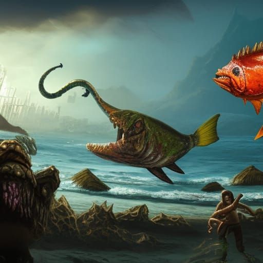 giant mutant fish fights against zombie cat on post atomic beach - AI ...