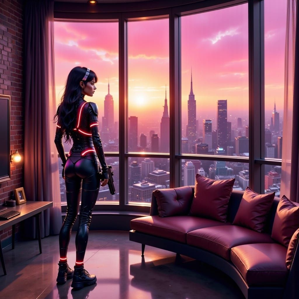 Cyber tech apartment Maximalist interior design, with a view of the city skyline android woman wearing cyberpunk outfit with a gun holster,...