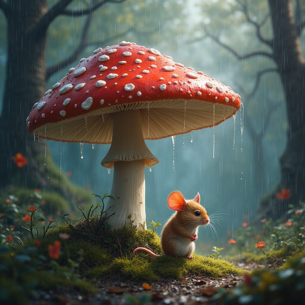 Hyperdetailed, hyperrealistic masterpiece. Of a small mouse taking shelter under a giant mushroom. The mushroom is red with white spots. The...