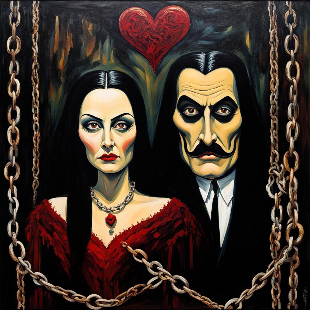 Gomez and Morticia Addams couple  chains of love, heart shaped chain links ,  Memories fading away like dust in the wind for the female is...